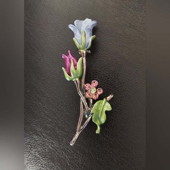Jewelry - Floral Brooch Pin with Blue and Pink Accents